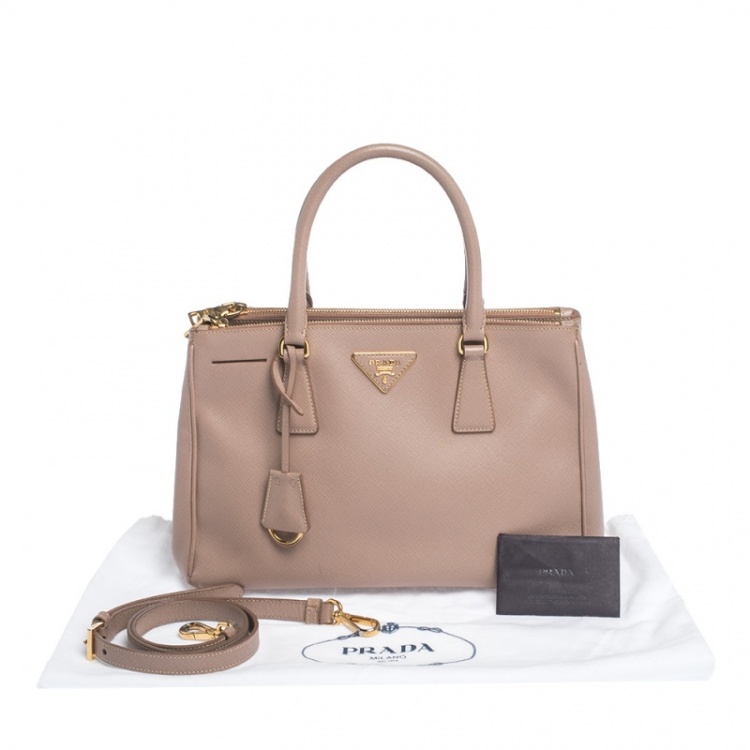 Pre Owned Prada Beige Saffiano Lux Leather Small Galleria Double Zip Tote
