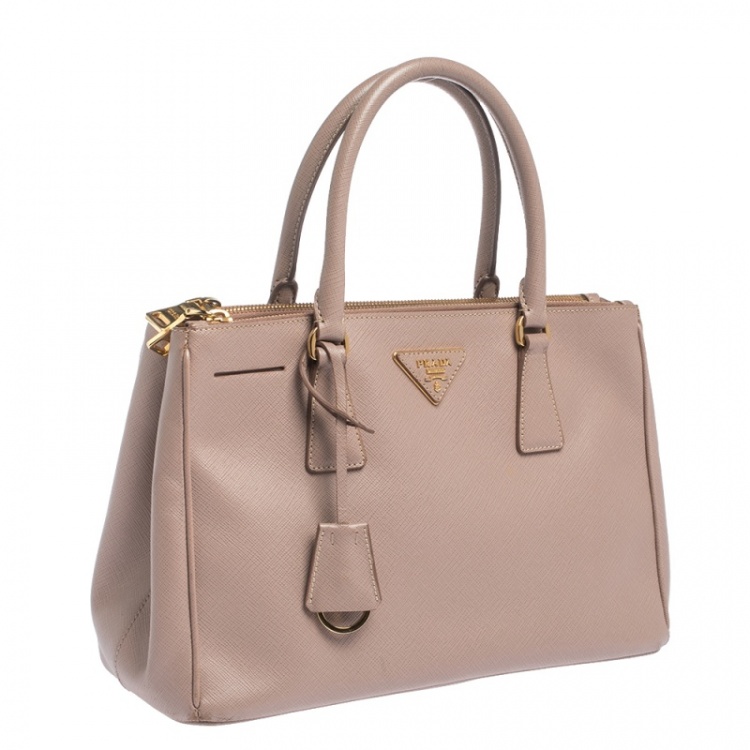 Pre Owned Prada Beige Saffiano Lux Leather Small Galleria Double Zip Tote