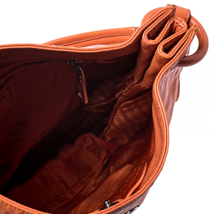 Pre Owned Prada Orange Crinkled Leather Hobo Bag