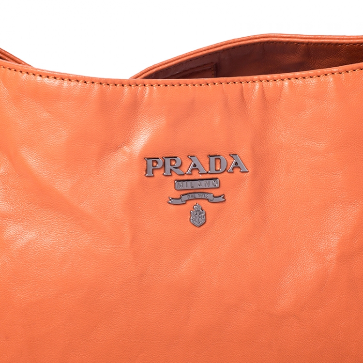 Pre Owned Prada Orange Crinkled Leather Hobo Bag