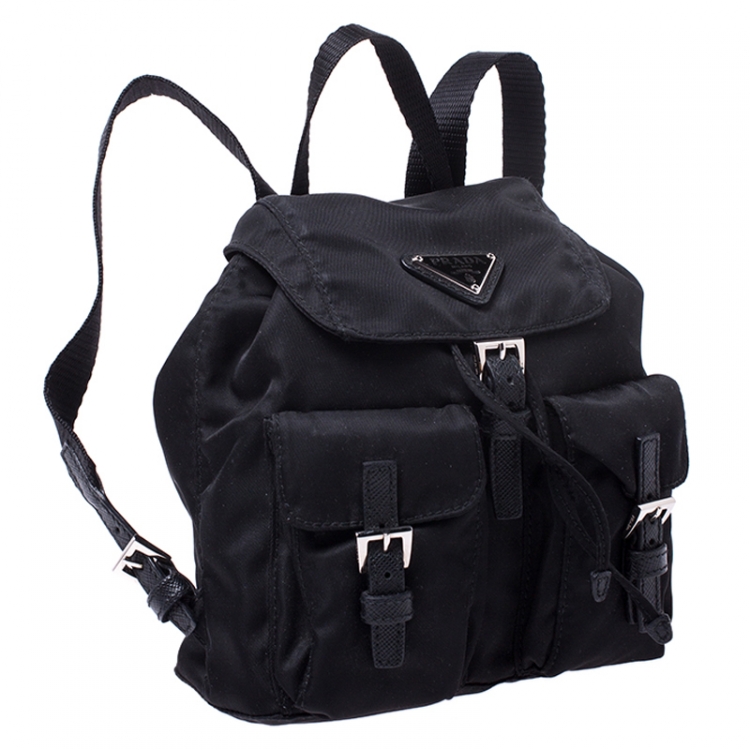 Pre Owned Prada Black Nylon Logo Mini Drawstring Backpack