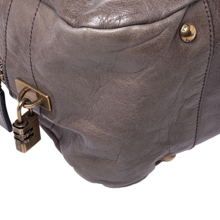 Pre Owned Prada Olive Green Leather Front Zip Boston Bag