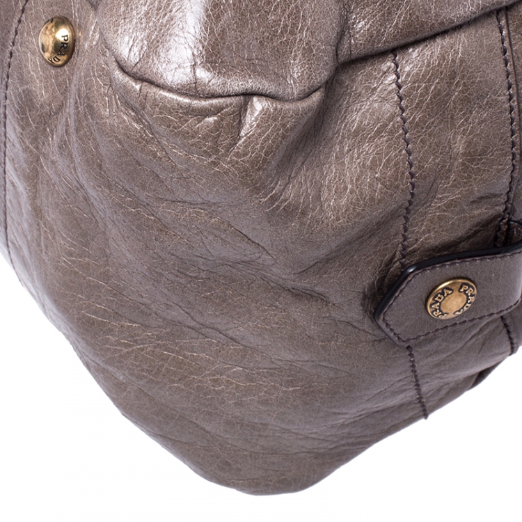 Pre Owned Prada Olive Green Leather Front Zip Boston Bag