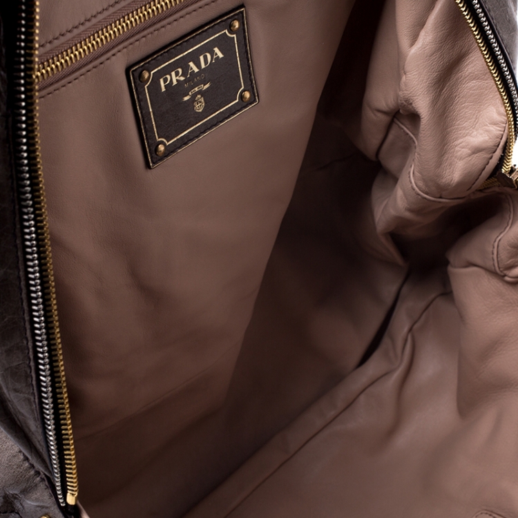 Pre Owned Prada Olive Green Leather Front Zip Boston Bag