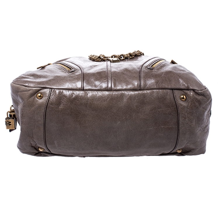 Pre Owned Prada Olive Green Leather Front Zip Boston Bag
