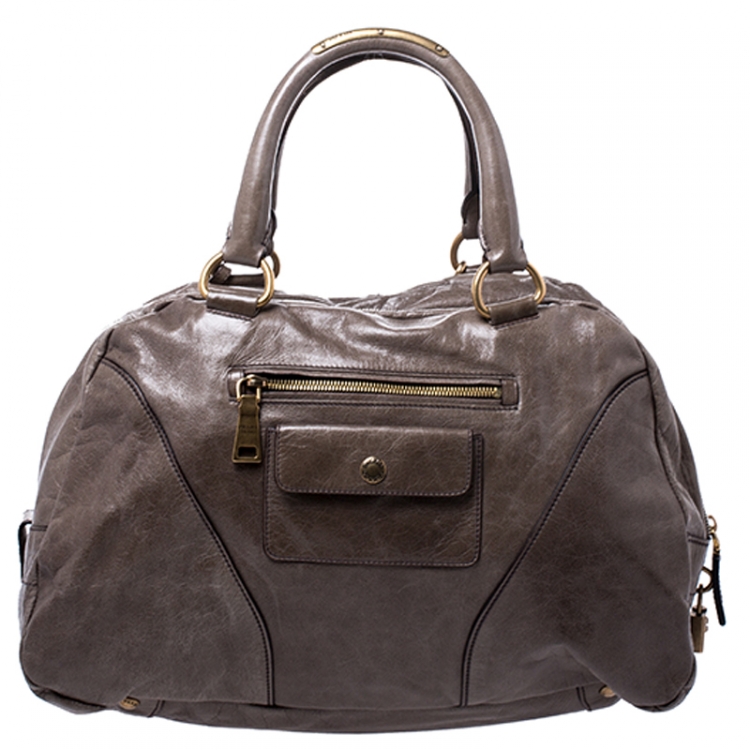 Pre Owned Prada Olive Green Leather Front Zip Boston Bag