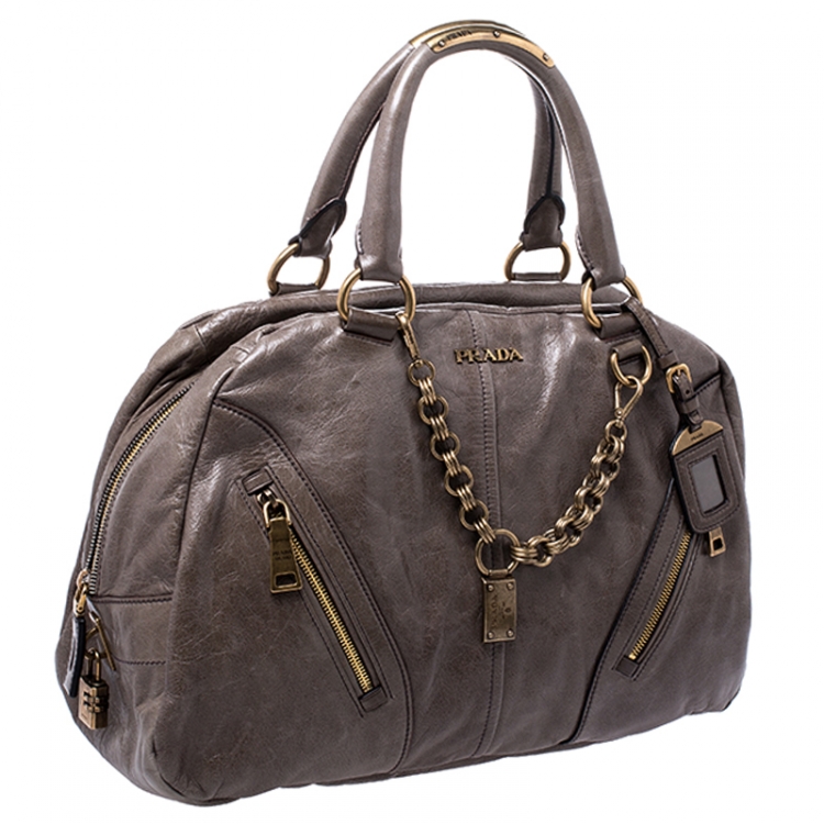 Pre Owned Prada Olive Green Leather Front Zip Boston Bag