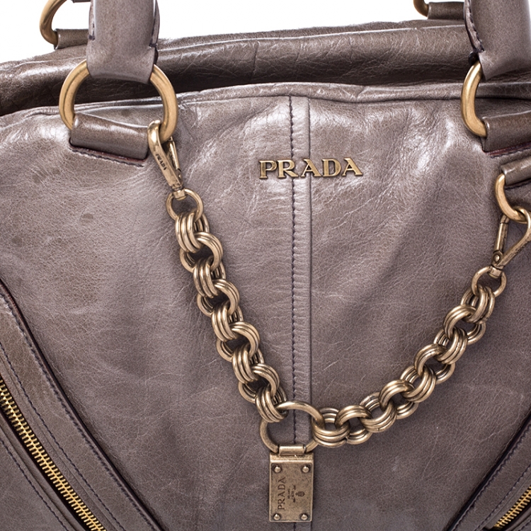Pre Owned Prada Olive Green Leather Front Zip Boston Bag