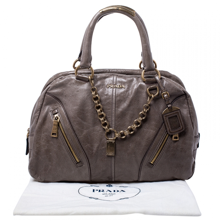 Pre Owned Prada Olive Green Leather Front Zip Boston Bag