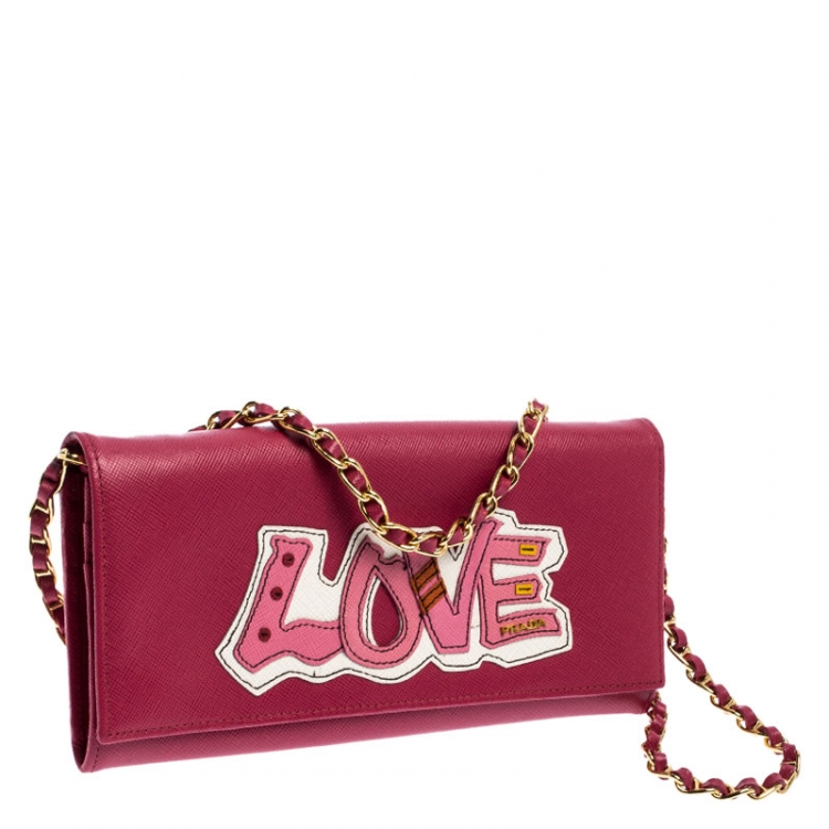 Pre Owned Prada Pink Saffiano Lux Leather Love Wallet on Chain