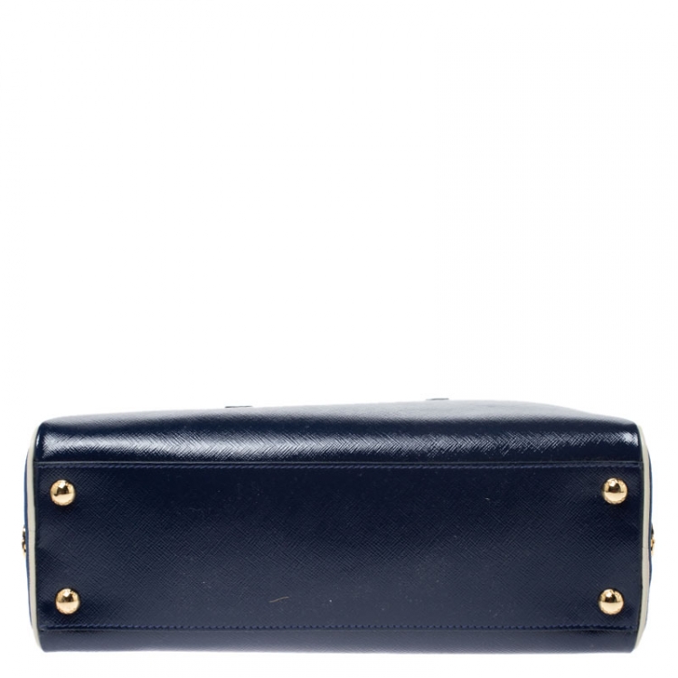Pre Owned  Prada Navy Blue Saffiano Lux Patent Leather Frame Top Handle Bag 