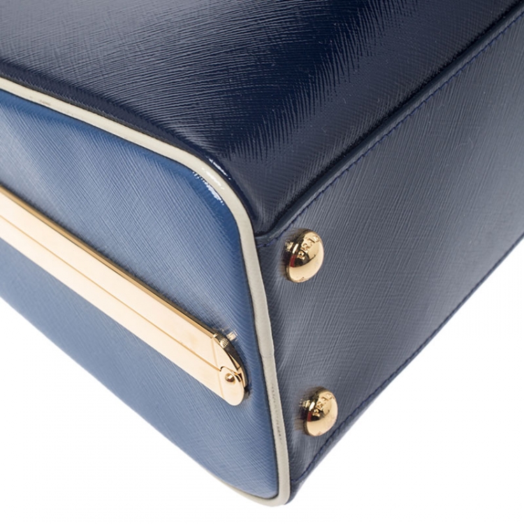 Pre Owned  Prada Navy Blue Saffiano Lux Patent Leather Frame Top Handle Bag 