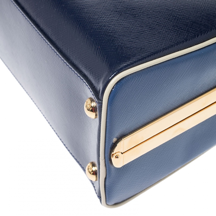 Pre Owned  Prada Navy Blue Saffiano Lux Patent Leather Frame Top Handle Bag 