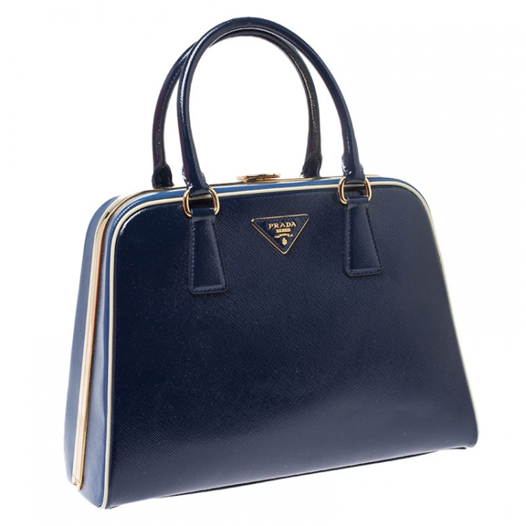 Pre Owned  Prada Navy Blue Saffiano Lux Patent Leather Frame Top Handle Bag 