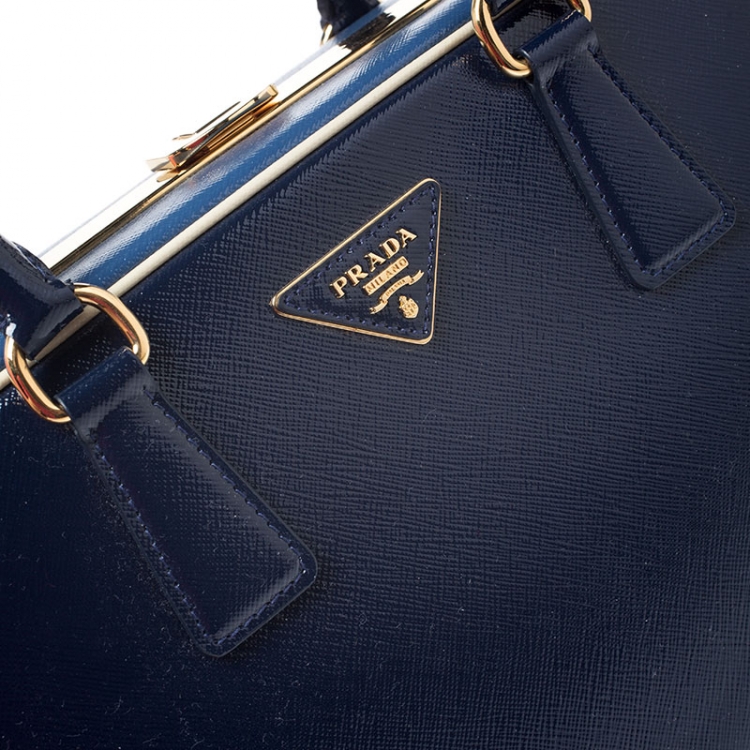 Pre Owned  Prada Navy Blue Saffiano Lux Patent Leather Frame Top Handle Bag 