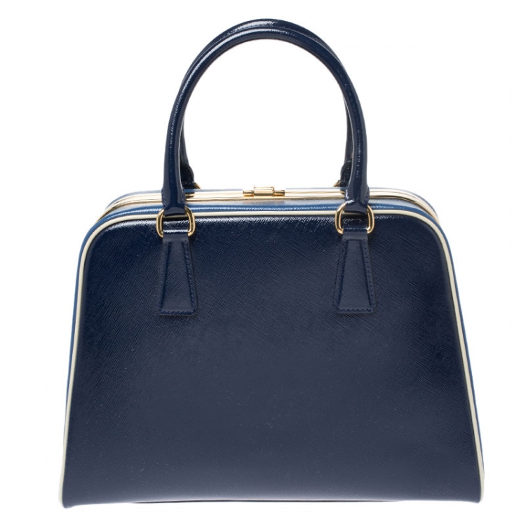 Pre Owned  Prada Navy Blue Saffiano Lux Patent Leather Frame Top Handle Bag 