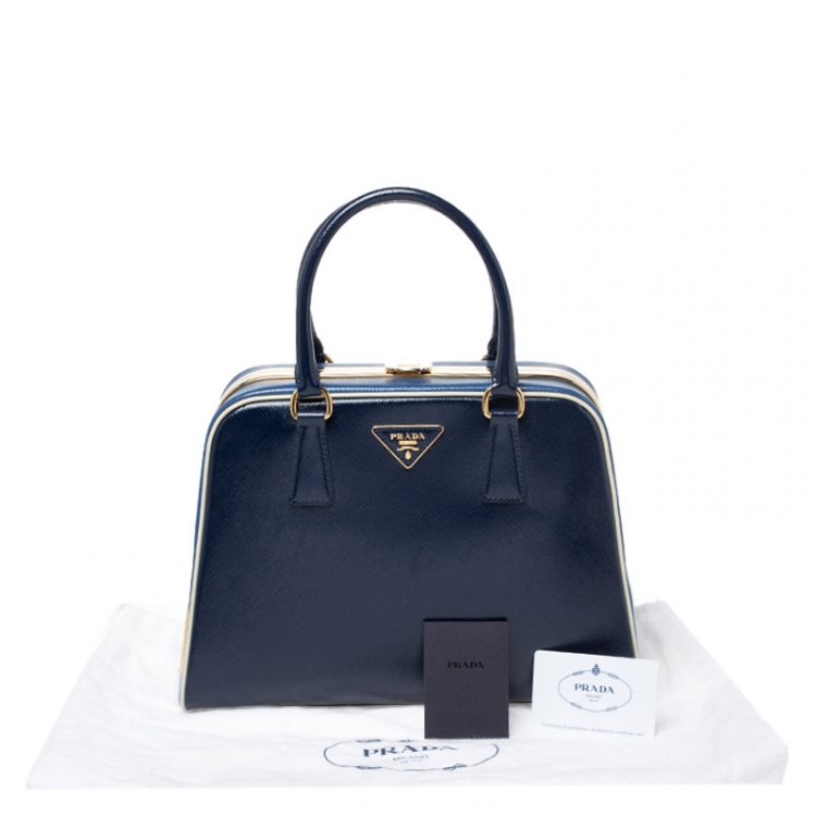 Pre Owned  Prada Navy Blue Saffiano Lux Patent Leather Frame Top Handle Bag 