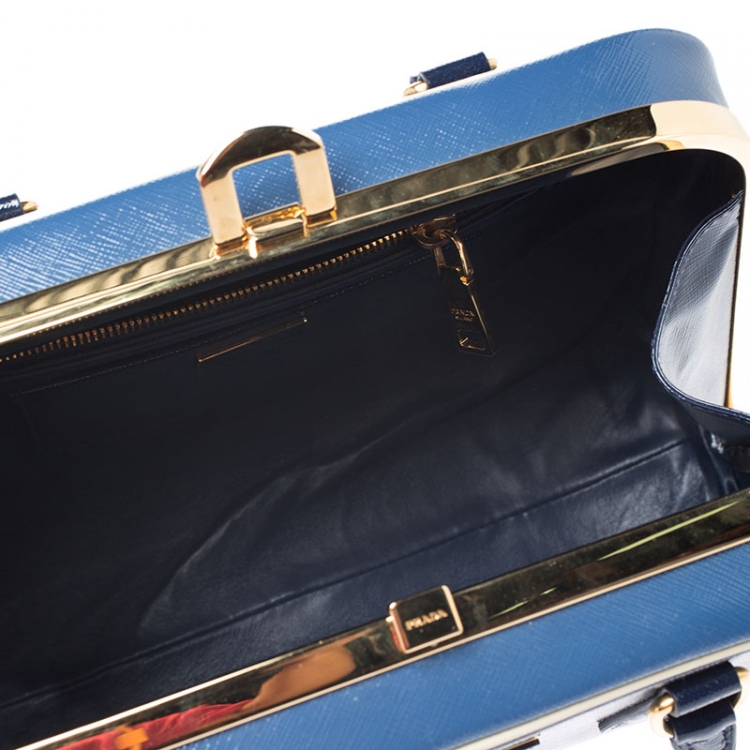 Pre Owned  Prada Navy Blue Saffiano Lux Patent Leather Frame Top Handle Bag 