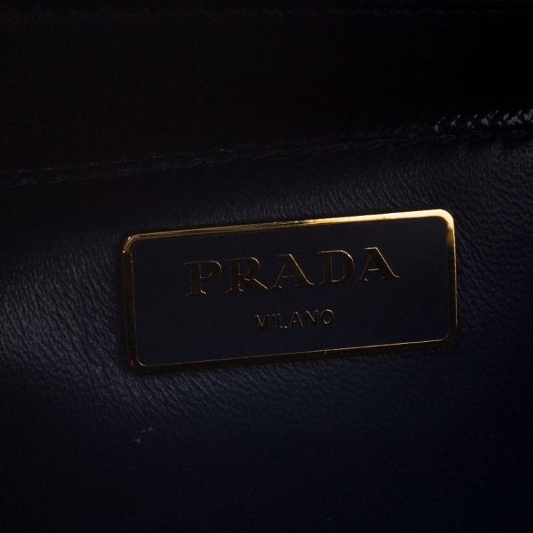 Pre Owned  Prada Navy Blue Saffiano Lux Patent Leather Frame Top Handle Bag 