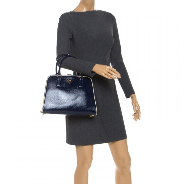 Pre Owned  Prada Navy Blue Saffiano Lux Patent Leather Frame Top Handle Bag 