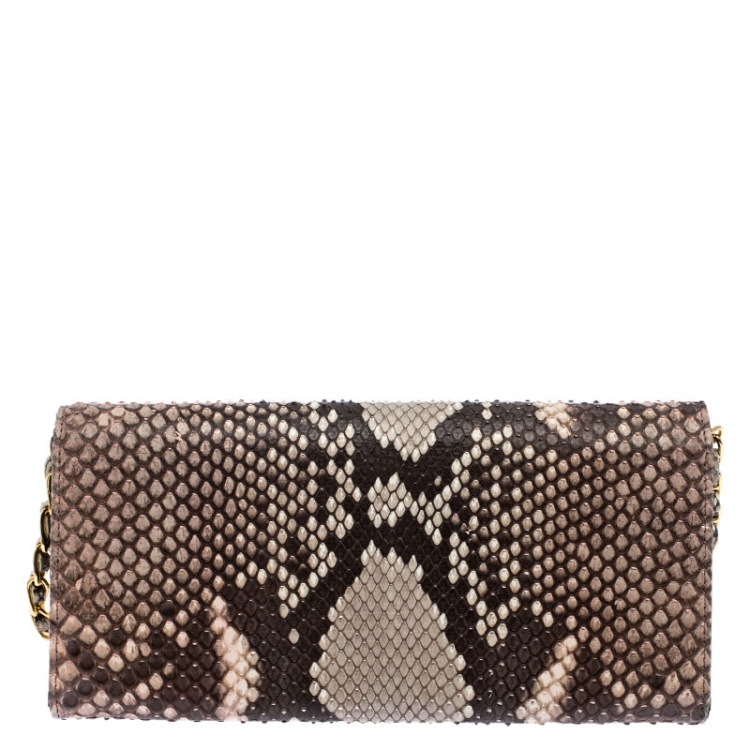 Pre Owned Prada Beige/Light Pink Python Oro Flap Wallet On Chain 