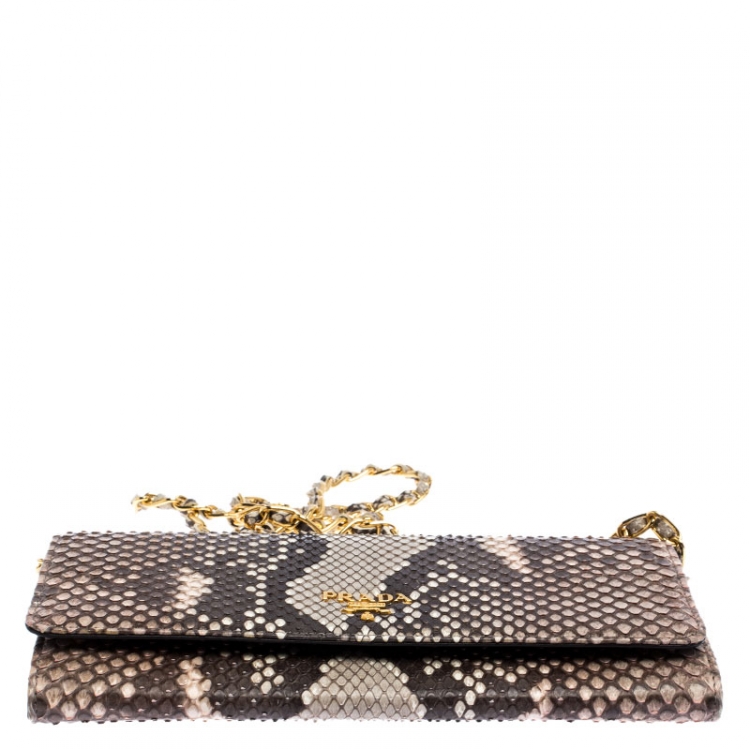 Pre Owned Prada Beige/Light Pink Python Oro Flap Wallet On Chain 