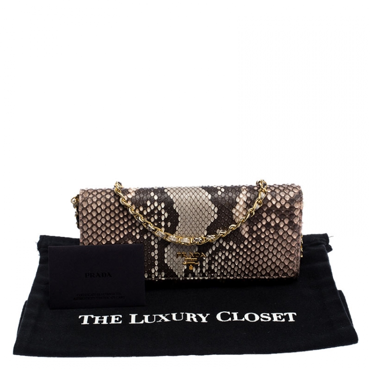 Pre Owned Prada Beige/Light Pink Python Oro Flap Wallet On Chain 