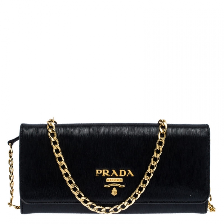 Prada Vitello Move Wallet On Chain - Black Crossbody Bags