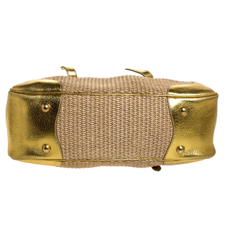 Pre Owned Prada Metallic Gold Straw and Leather Frame Bag