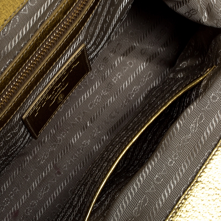 Pre Owned Prada Metallic Gold Straw and Leather Frame Bag