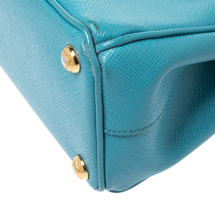 Pre Owned Prada Turquoise Saffiano Lux Leather Mini Double Zip Tote