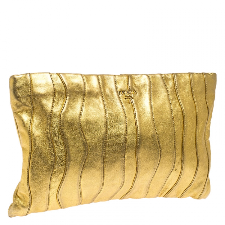 Pre Owned Prada Metallic Gold Wave Leather Clutch