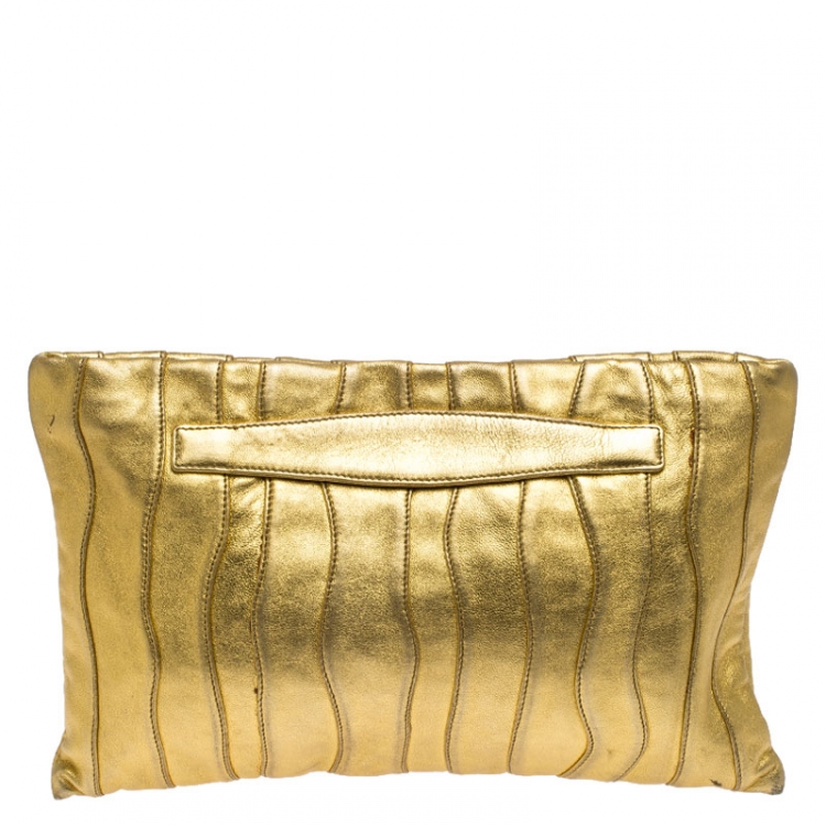 Pre Owned Prada Metallic Gold Wave Leather Clutch