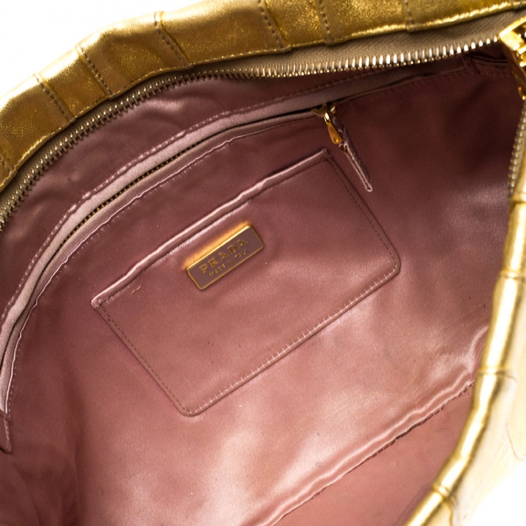 Pre Owned Prada Metallic Gold Wave Leather Clutch