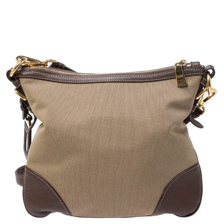 Pre Owned Prada Khaki/Brown Canvas and Leather Jacquard Logo Messenger Bag