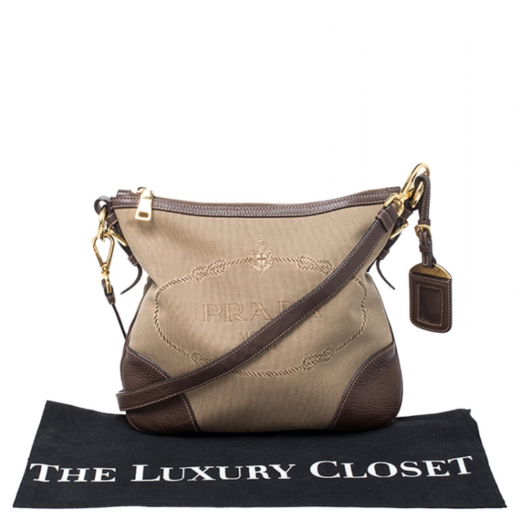 Pre Owned Prada Khaki/Brown Canvas and Leather Jacquard Logo Messenger Bag