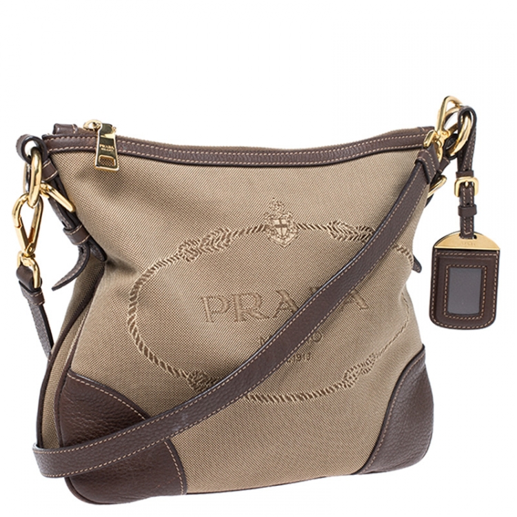 Pre Owned Prada Khaki/Brown Canvas and Leather Jacquard Logo Messenger Bag