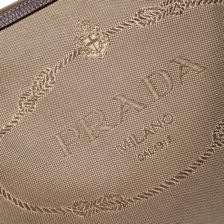 Pre Owned Prada Khaki/Brown Canvas and Leather Jacquard Logo Messenger Bag