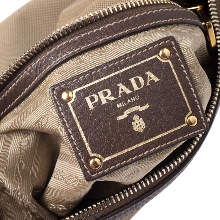Pre Owned Prada Khaki/Brown Canvas and Leather Jacquard Logo Messenger Bag