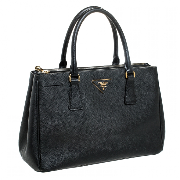 Pre Owned Prada Black Saffiano Lux Leather Small Double Zip Tote