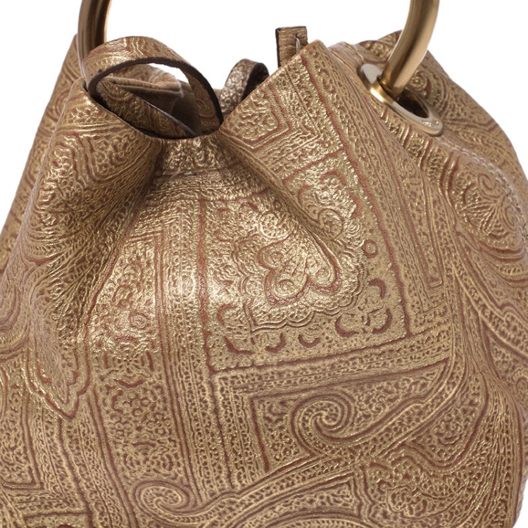 Pre Owned Prada Gold Printed Leather Ring Pouch