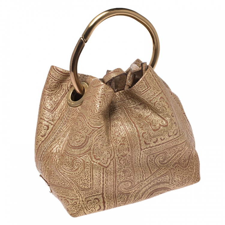 Pre Owned Prada Gold Printed Leather Ring Pouch