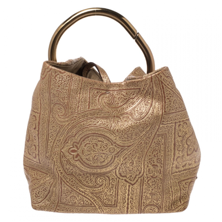 Pre Owned Prada Gold Printed Leather Ring Pouch