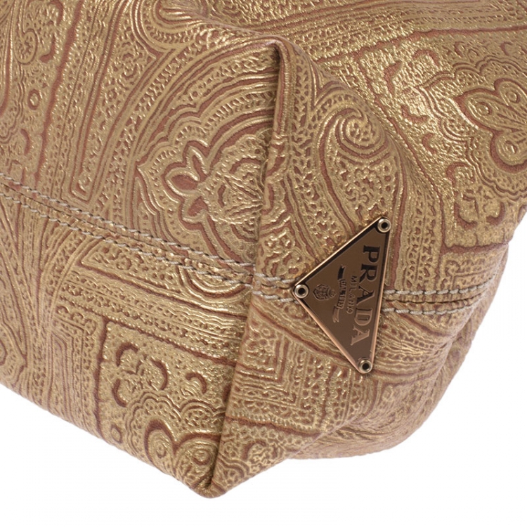 Pre Owned Prada Gold Printed Leather Ring Pouch