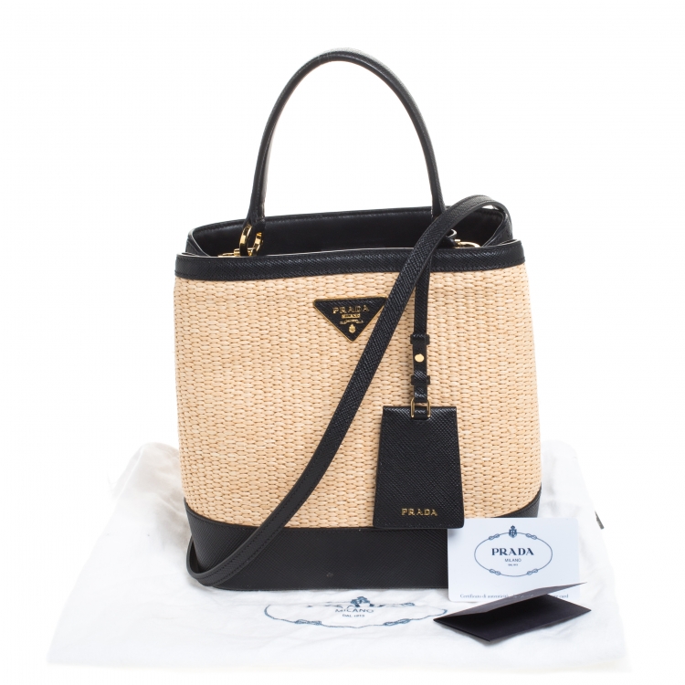 Pre Owned Prada Black/Beige Straw and Leather Medium Panier Top Handle Bag