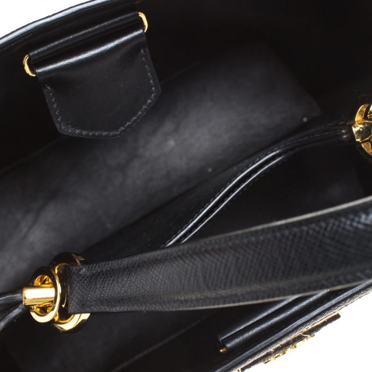 Pre Owned Prada Black/Beige Straw and Leather Medium Panier Top Handle Bag