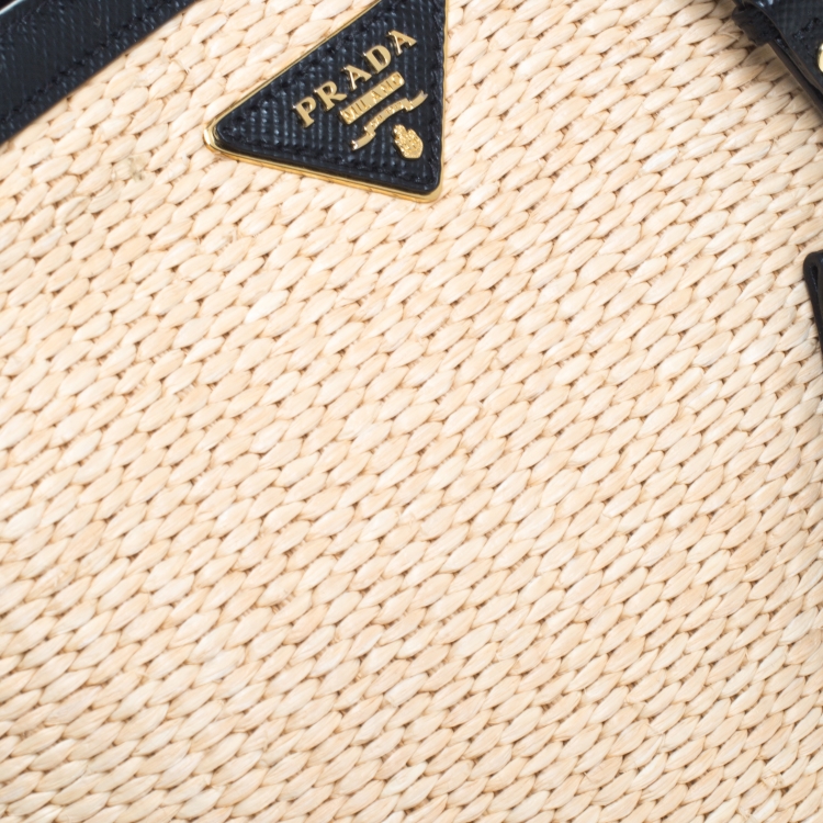 Pre Owned Prada Black/Beige Straw and Leather Medium Panier Top Handle Bag