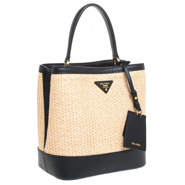 Pre Owned Prada Black/Beige Straw and Leather Medium Panier Top Handle Bag