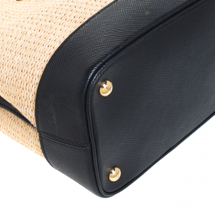 Pre Owned Prada Black/Beige Straw and Leather Medium Panier Top Handle Bag