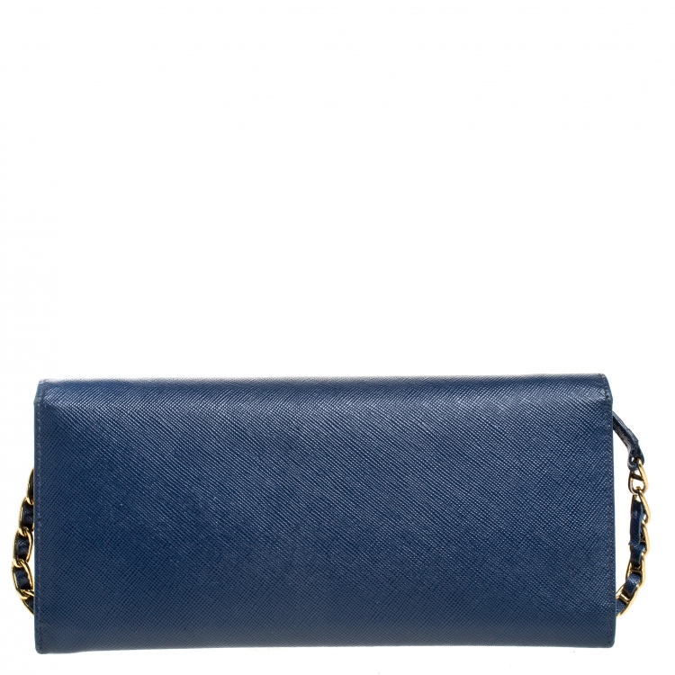Pre Owned Prada Navy Blue Saffiano Lux Leather Wallet on Chain